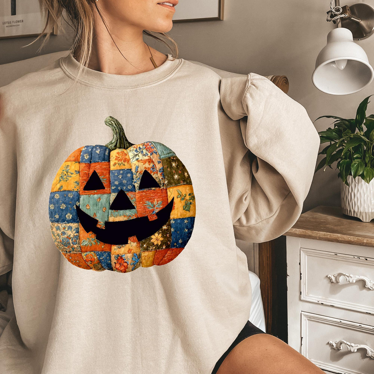Retro Patchwork Halloween Pumpkin Sweatshirt, Halloween Pumpkin Shirt, Spooky Season Sweatshirt, Halloween Gift, Halloween Cute Women Outfit