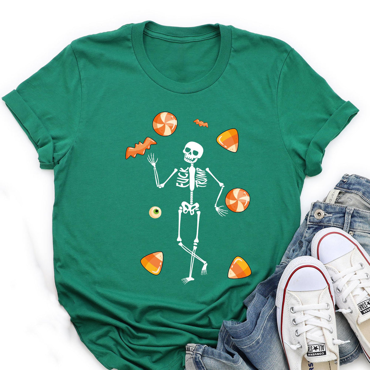 Slightly Subtle Halloween Skeleton Candy Shirt, Trump Unisex Short Sleeve Shirt, Spooky Season, Funny Tee for Parties, Halloween Costume Top