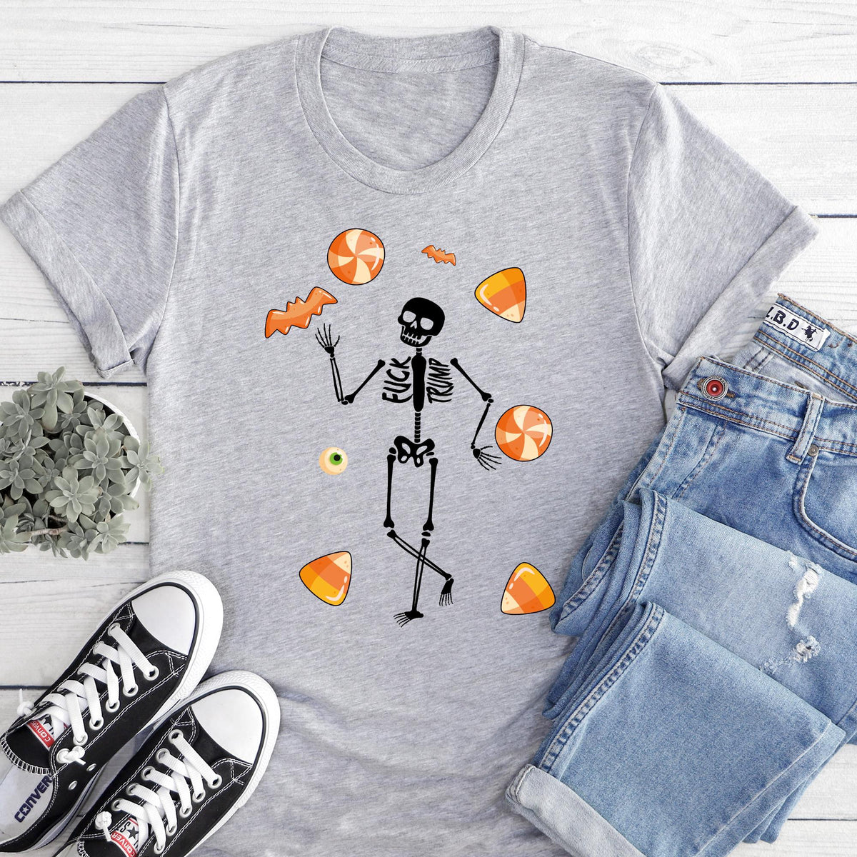 Slightly Subtle Halloween Skeleton Candy Shirt, Trump Unisex Short Sleeve Shirt, Spooky Season, Funny Tee for Parties, Halloween Costume Top
