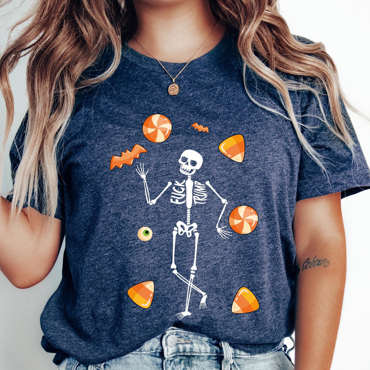 Slightly Subtle Halloween Skeleton Candy Shirt, Trump Unisex Short Sleeve Shirt, Spooky Season, Funny Tee for Parties, Halloween Costume Top