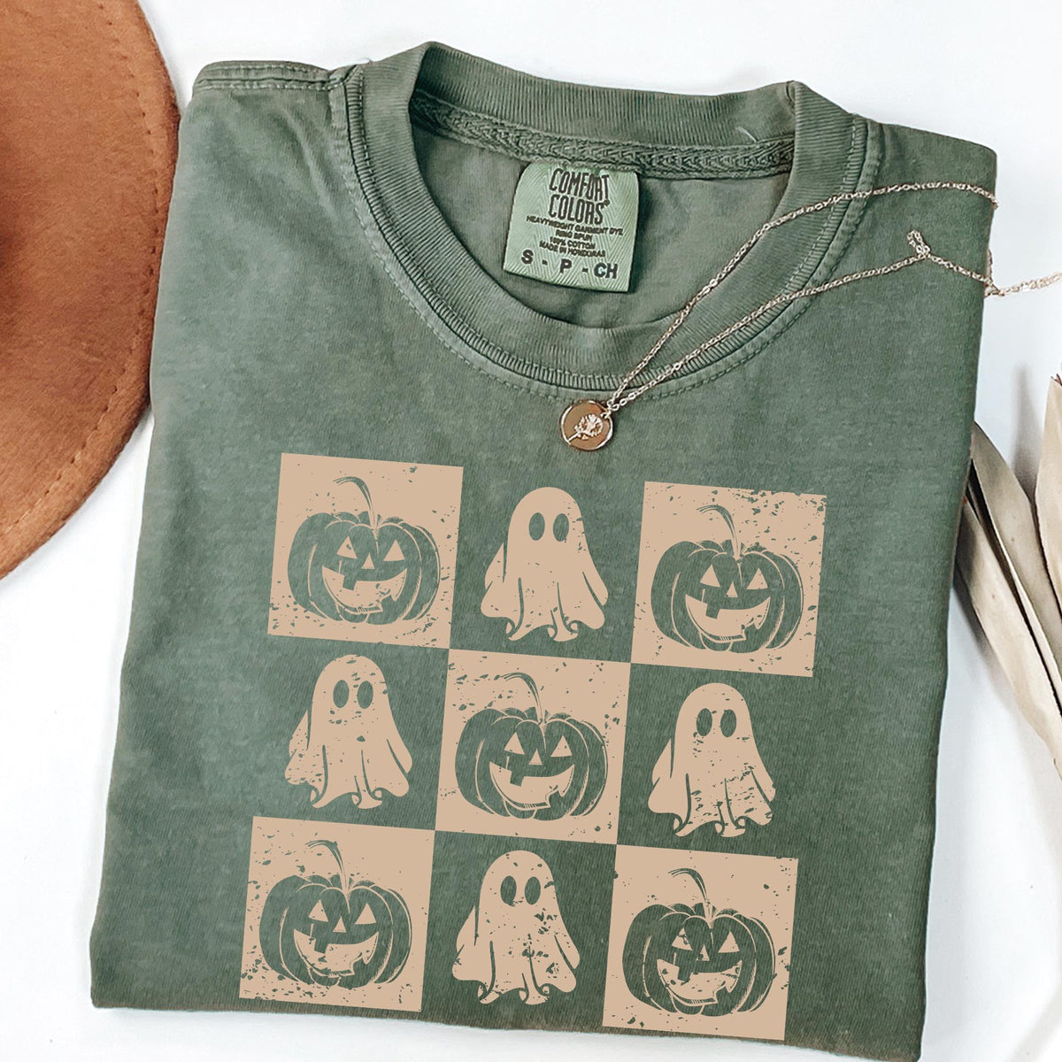 Comfort Colors® Checkered Halloween Shirt, Checkered Ghost Shirt, Checkered Pumpkin Shirt, Halloween Shirt, Fall Tees, Retro Halloween Shirt