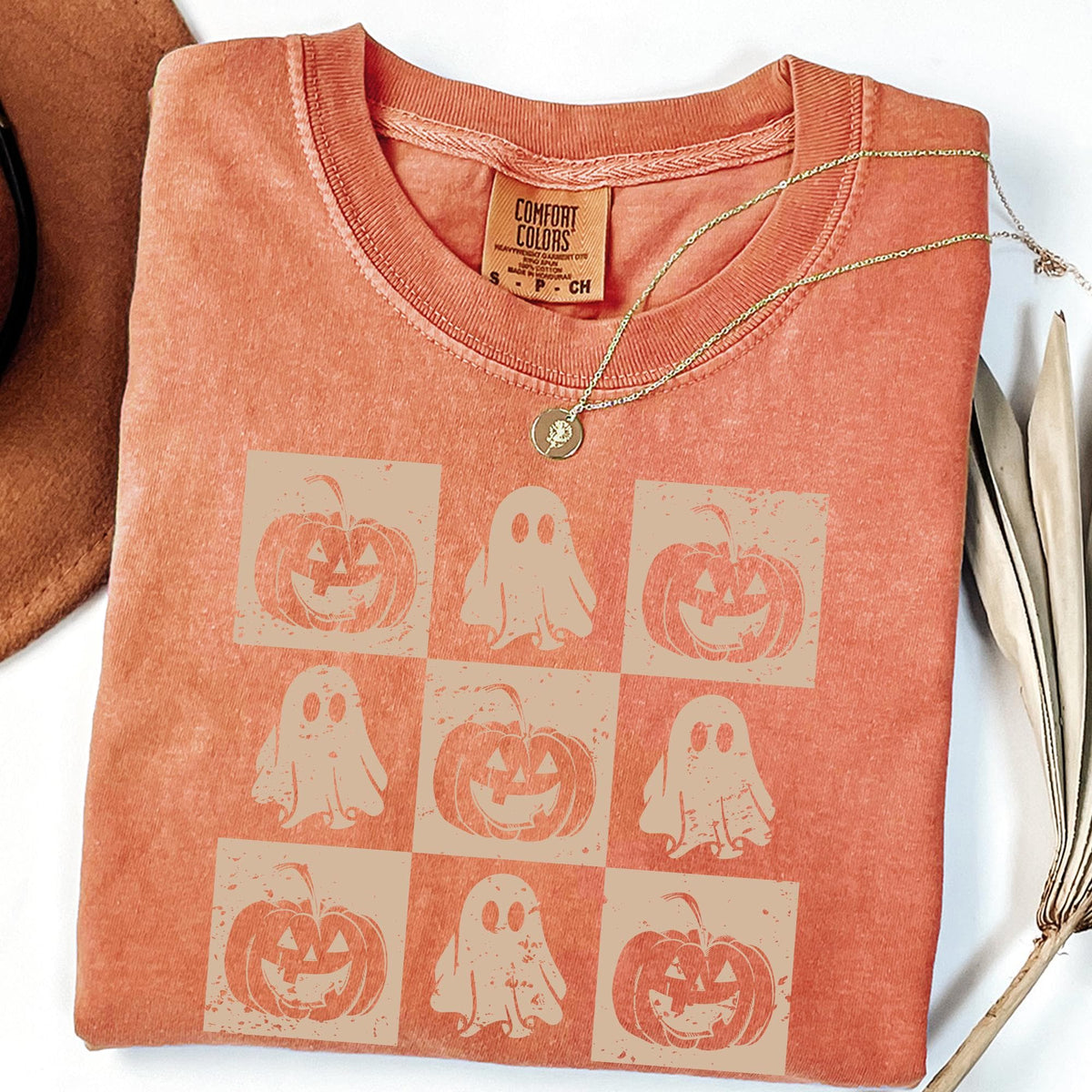 Comfort Colors® Checkered Halloween Shirt, Checkered Ghost Shirt, Checkered Pumpkin Shirt, Halloween Shirt, Fall Tees, Retro Halloween Shirt