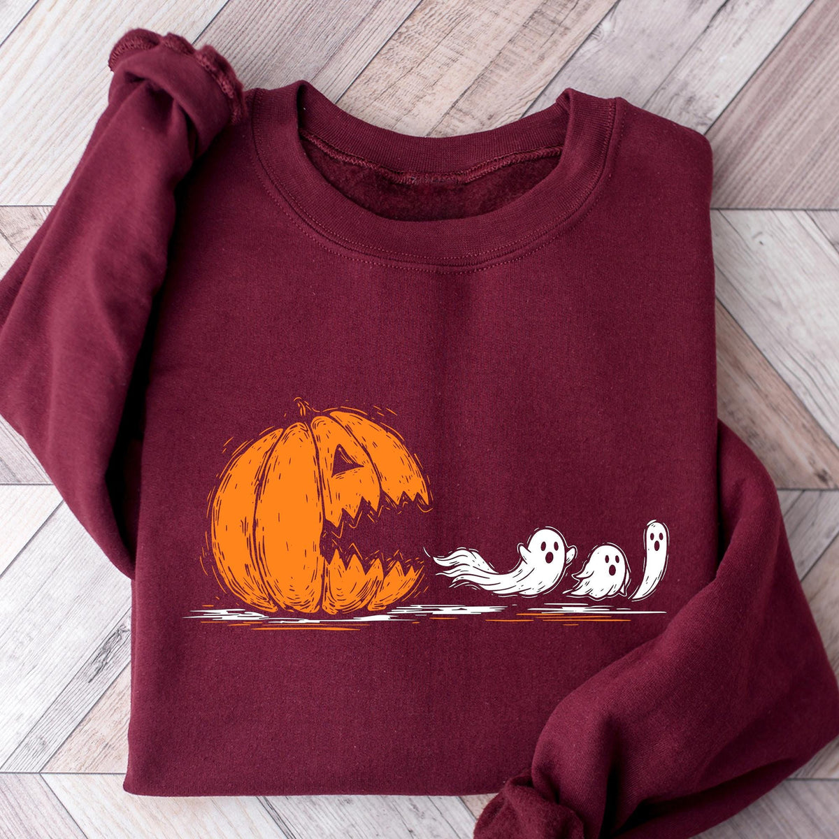 Halloween Pumpkin Eat Ghost Shirt, Funny Halloween Shirt, Halloween Gamer Gift, Halloween Party Tee, Spooky Ghost Tee, Pumpkin Pac Man Shirt
