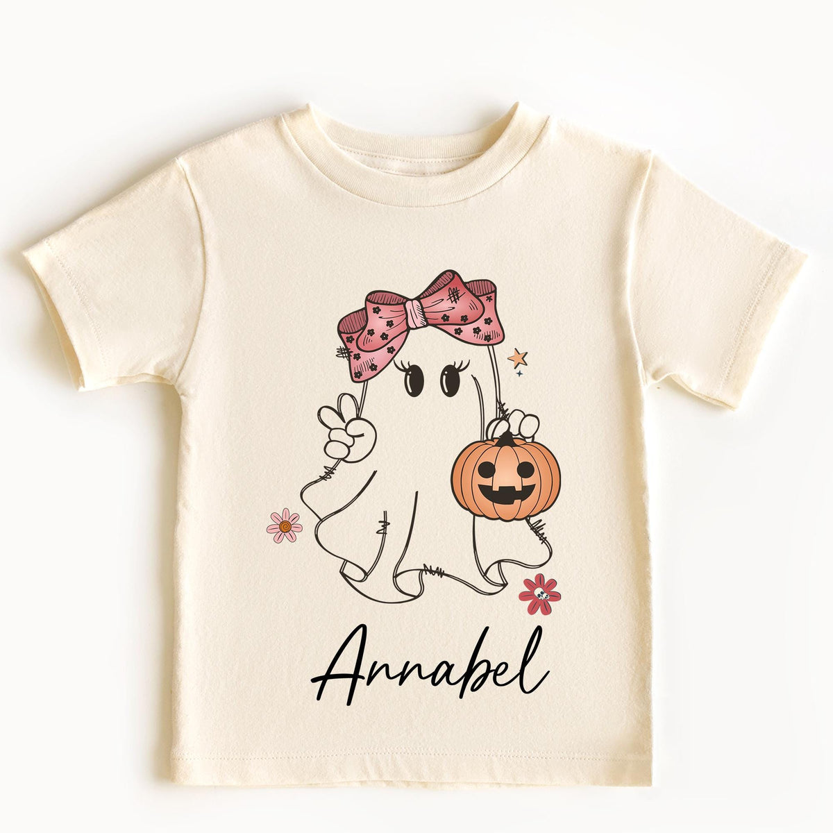 Personalized Girls Halloween Shirt, Girls Ghost Name Toddler T-shirt, Cute Fall Girls T-shirt, Custom Retro Halloween Natural Girls T-shirts