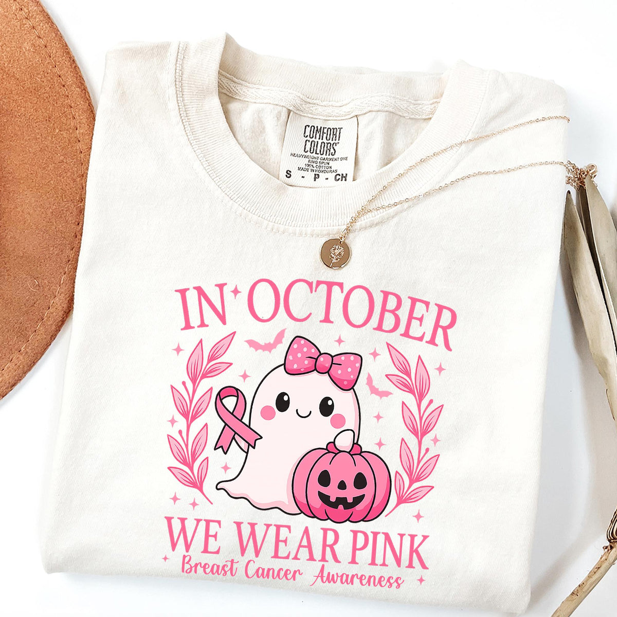Comfort Colors®In October We Wear Pink Ghost Sweatshirt, Halloween Ghost T-shirt, Cancer Pink Ribbon Shirt gift, Breast Cancer Awareness Tee
