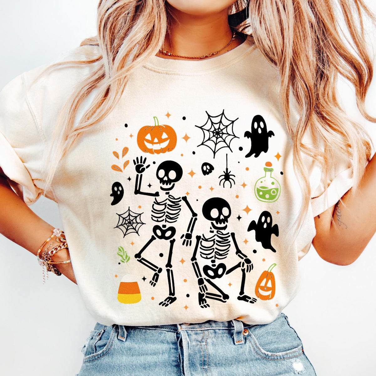 Subtle Skeleton Halloween Shirt, Pumpkin Halloween Tee, Halloween Skeleton T-shirts, Pumpkin Shirt, Comfort Colors®, Spooky Season T-Shirts