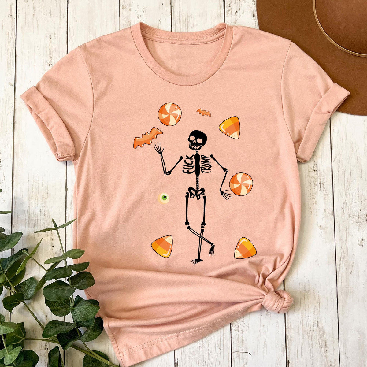 Slightly Subtle Halloween Skeleton Candy Shirt, Trump Unisex Short Sleeve Shirt, Spooky Season, Funny Tee for Parties, Halloween Costume Top