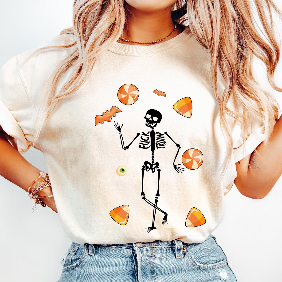 Slightly Subtle Halloween Skeleton Candy Shirt, Trump Unisex Short Sleeve Shirt, Spooky Season, Funny Tee for Parties, Halloween Costume Top