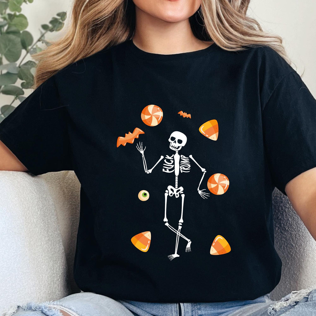 Slightly Subtle Halloween Skeleton Candy Shirt, Trump Unisex Short Sleeve Shirt, Spooky Season, Funny Tee for Parties, Halloween Costume Top
