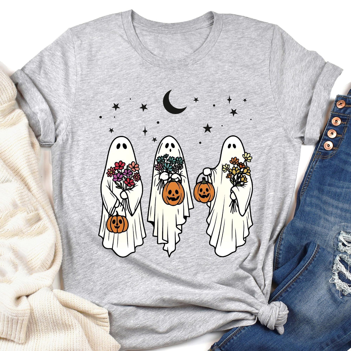 Vintage Halloween Ghost Shirt, Floral Retro Spooky Pumpkin Shirts, Ghost Crewneck Sweatshirt, Spooky Season T-Shirt, Ghost Aesthetic T-shirt