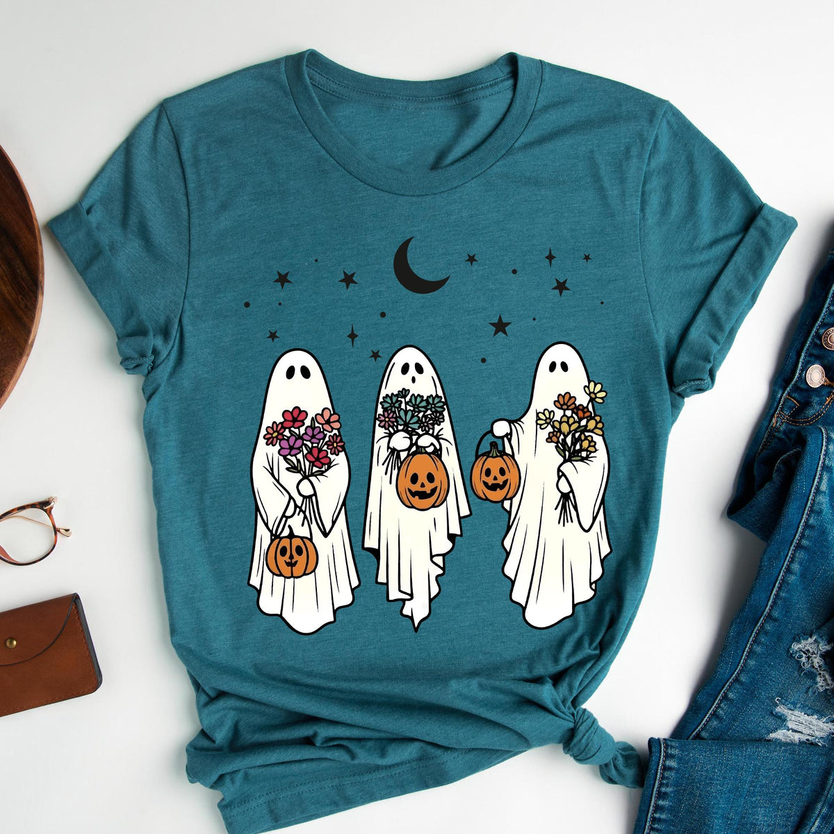 Vintage Halloween Ghost Shirt, Floral Retro Spooky Pumpkin Shirts, Ghost Crewneck Sweatshirt, Spooky Season T-Shirt, Ghost Aesthetic T-shirt