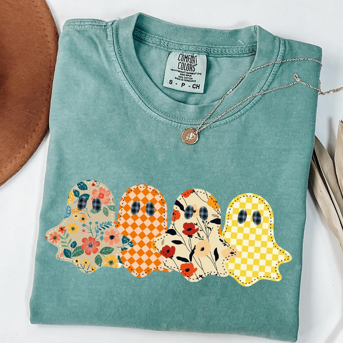 Spooky Season Ghost Shirt, Floral Patchwork Style Print Tee, Preppy Fall Pumpkin Shirt, Comfort Colors® Spooky Tee, Ghost Halloween T-Shirts