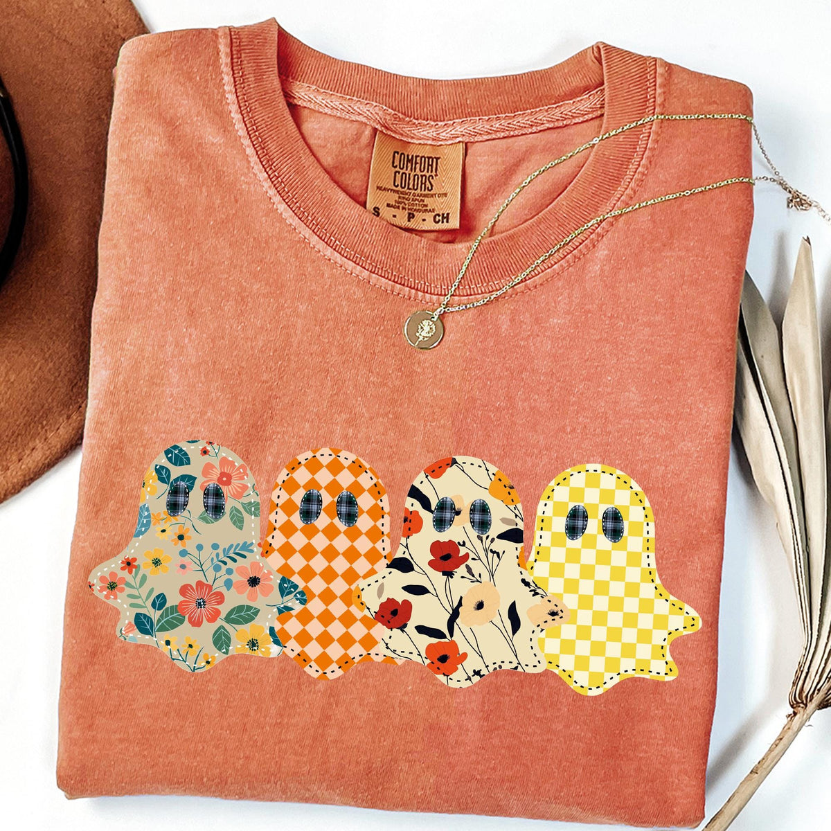 Spooky Season Ghost Shirt, Floral Patchwork Style Print Tee, Preppy Fall Pumpkin Shirt, Comfort Colors® Spooky Tee, Ghost Halloween T-Shirts