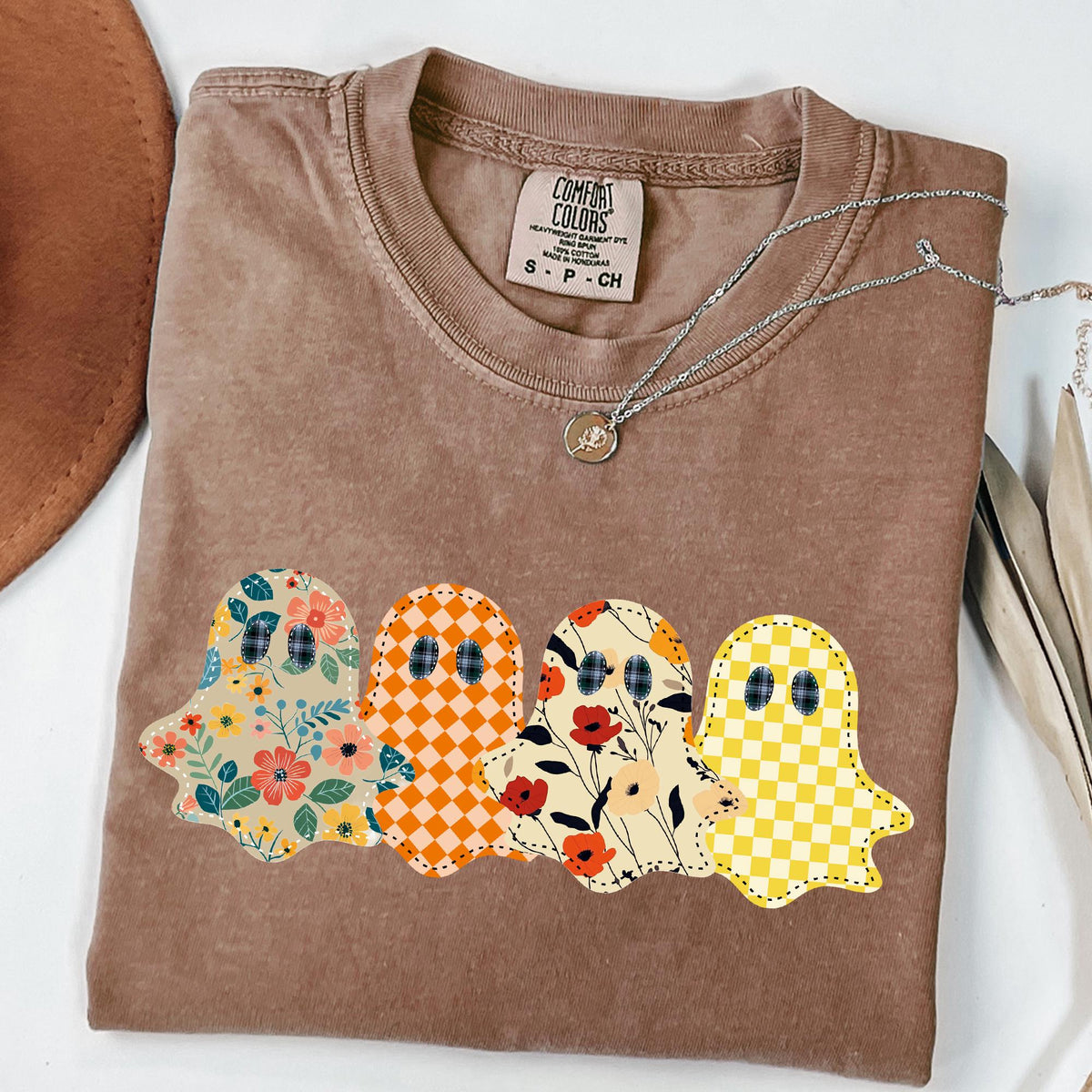 Spooky Season Ghost Shirt, Floral Patchwork Style Print Tee, Preppy Fall Pumpkin Shirt, Comfort Colors® Spooky Tee, Ghost Halloween T-Shirts