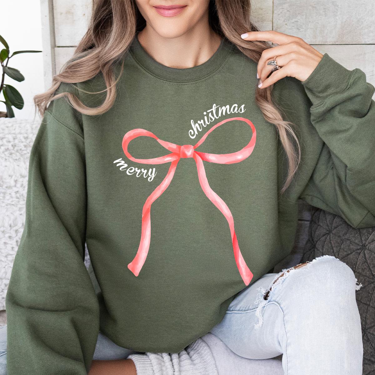 Red Bow Coquette Christmas Sweater, Merry Christmas Bow Sweatshirt, Holiday Bow Sweater Gifts, Merry Christmas Coquette Sweater for Holidays