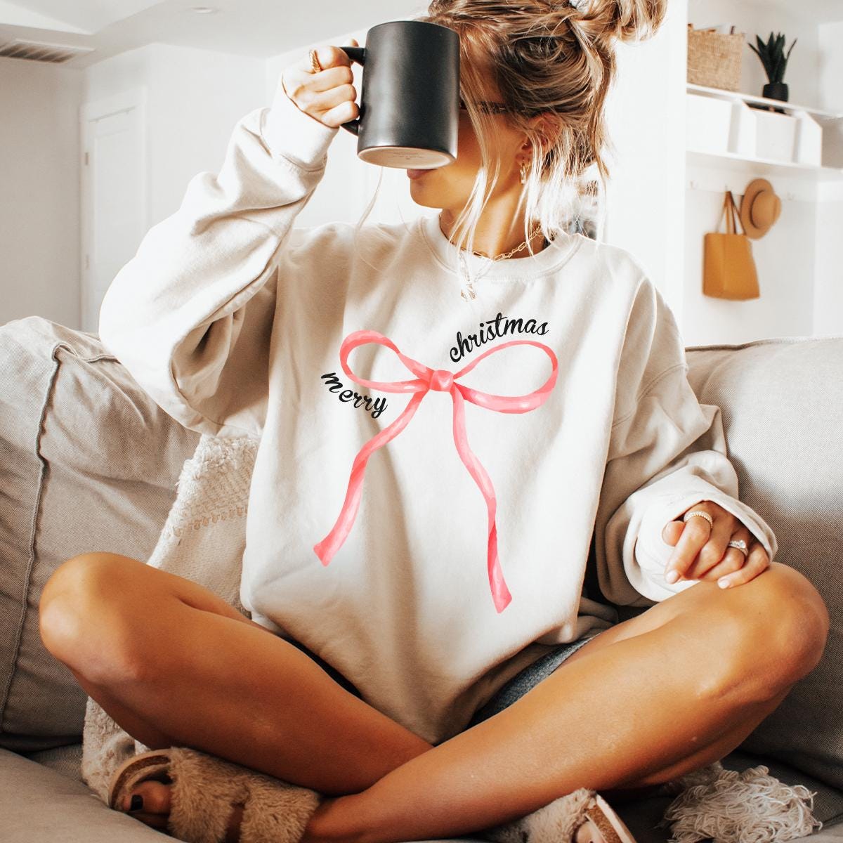 Red Bow Coquette Christmas Sweater, Merry Christmas Bow Sweatshirt, Holiday Bow Sweater Gifts, Merry Christmas Coquette Sweater for Holidays