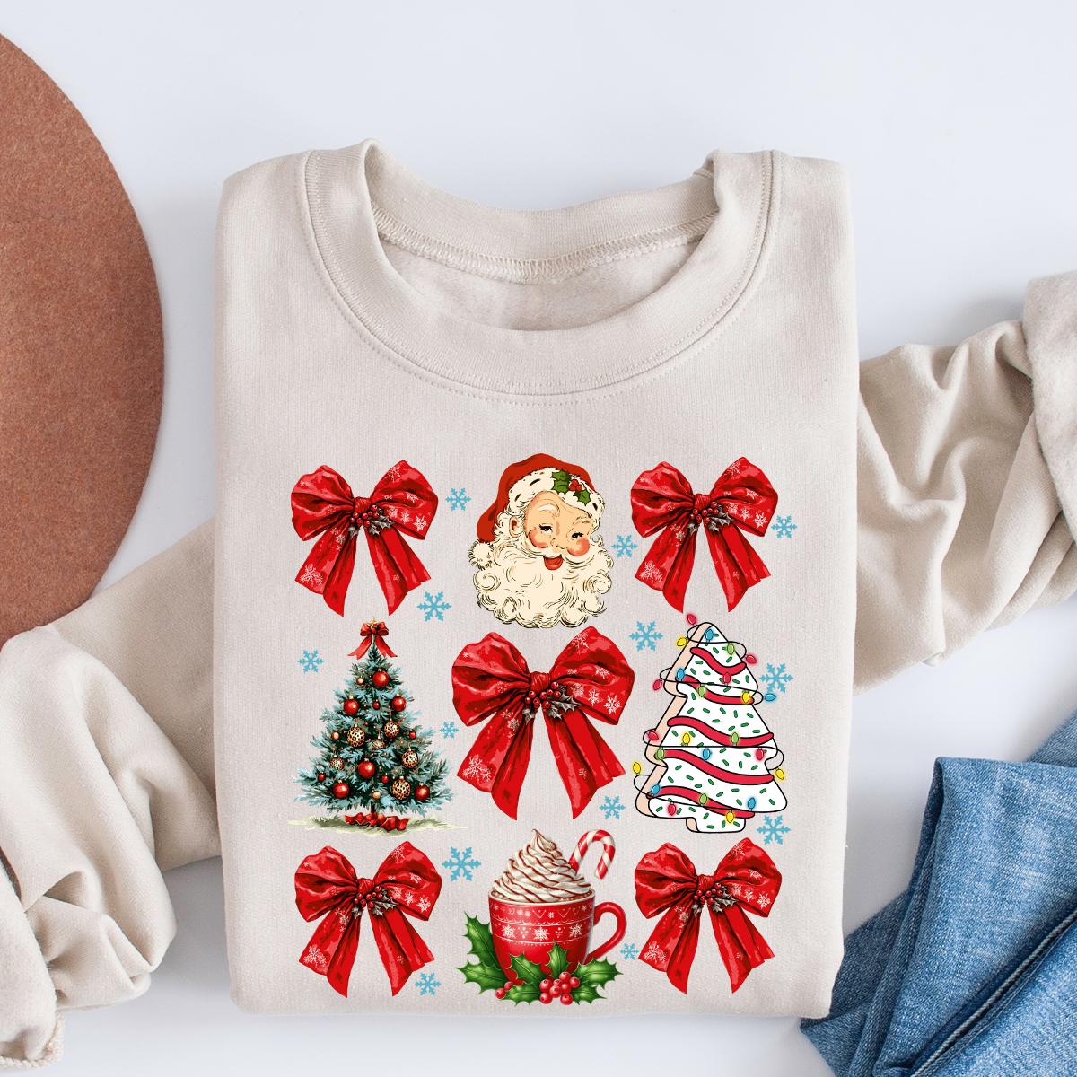 Coquette Bow Sweatshirt, Cute Red Ribbon Santa Sweatshirt, Merry Christmas Bows Sweater, Christmas Gifts, Gift For Women, Christmas T-shirts