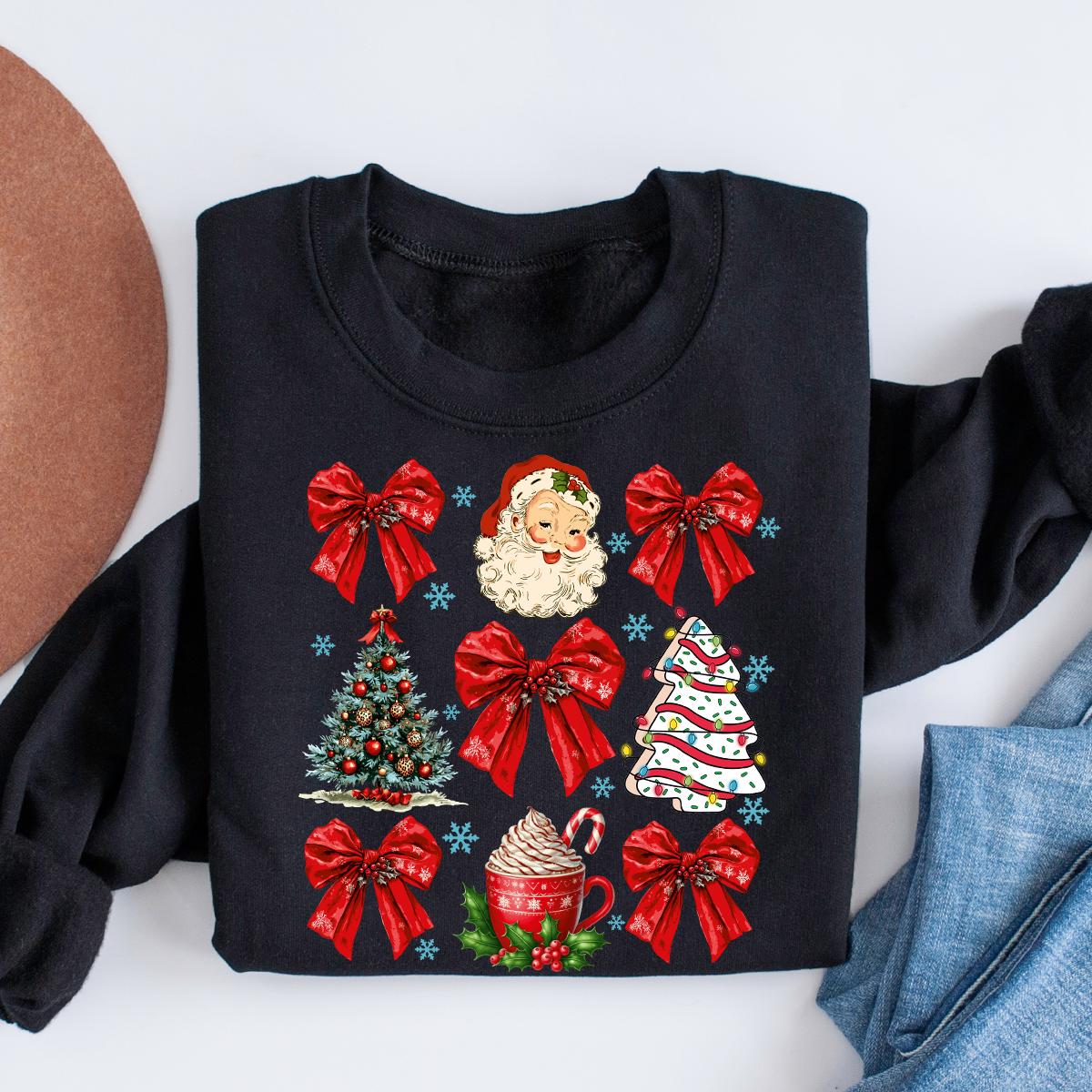 Coquette Bow Sweatshirt, Cute Red Ribbon Santa Sweatshirt, Merry Christmas Bows Sweater, Christmas Gifts, Gift For Women, Christmas T-shirts