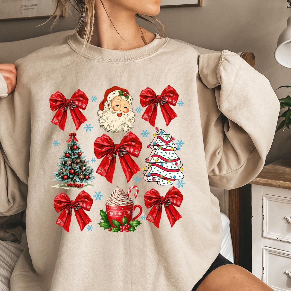 Coquette Bow Sweatshirt, Cute Red Ribbon Santa Sweatshirt, Merry Christmas Bows Sweater, Christmas Gifts, Gift For Women, Christmas T-shirts