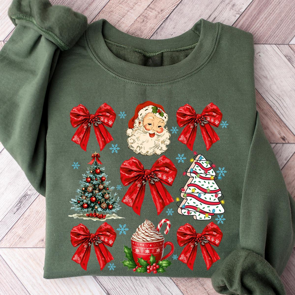 Coquette Bow Sweatshirt, Cute Red Ribbon Santa Sweatshirt, Merry Christmas Bows Sweater, Christmas Gifts, Gift For Women, Christmas T-shirts