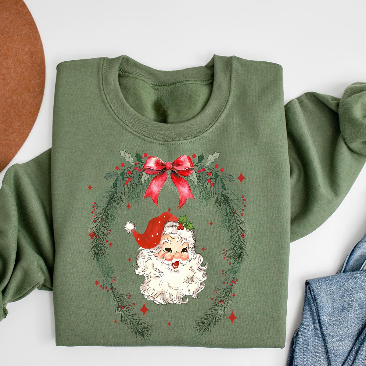 Vintage Santa Claus Sweatshirt, Christmas Coquette Bow Garland Tee, Christmas Santa Crewneck, Christmas Classic Shirt, Girly Christmas Gifts