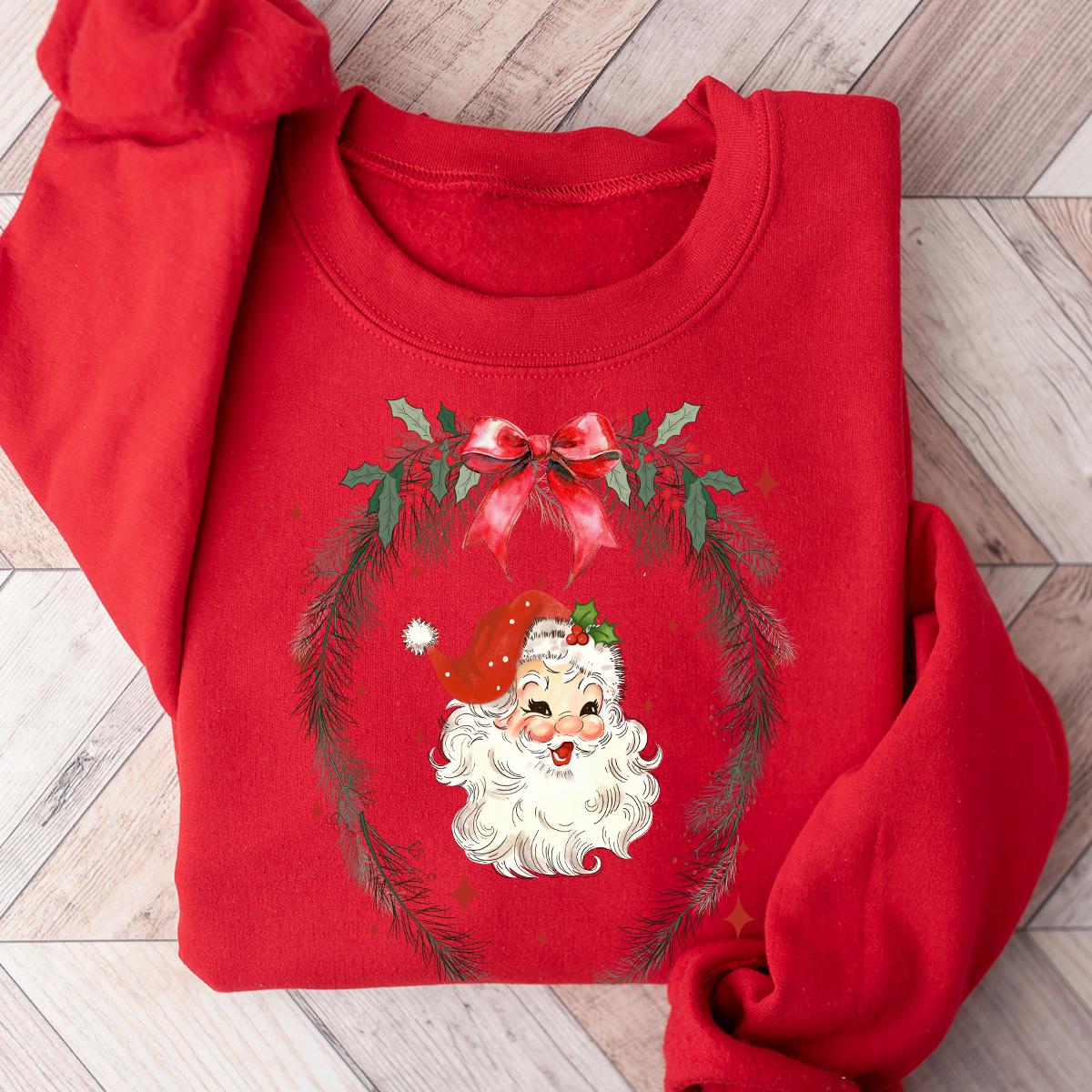 Vintage Santa Claus Sweatshirt, Christmas Coquette Bow Garland Tee, Christmas Santa Crewneck, Christmas Classic Shirt, Girly Christmas Gifts