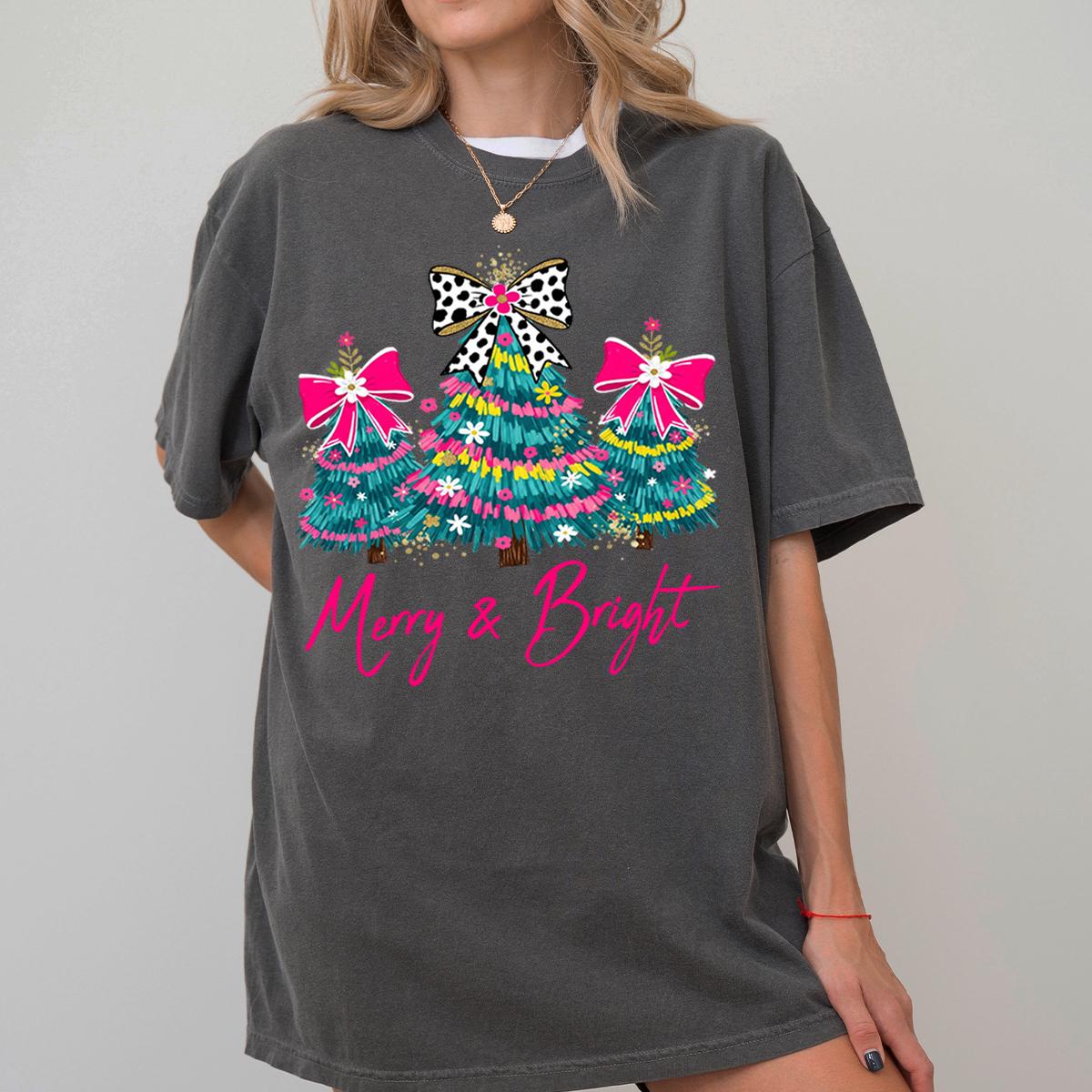 Christmas Comfort Colors® Shirt, Merry & Bright Xmas Tree Tee, Pink Holiday Festive Bow Lights Tshirt, Merry Christmas Shirt, Cute Jolly Tee