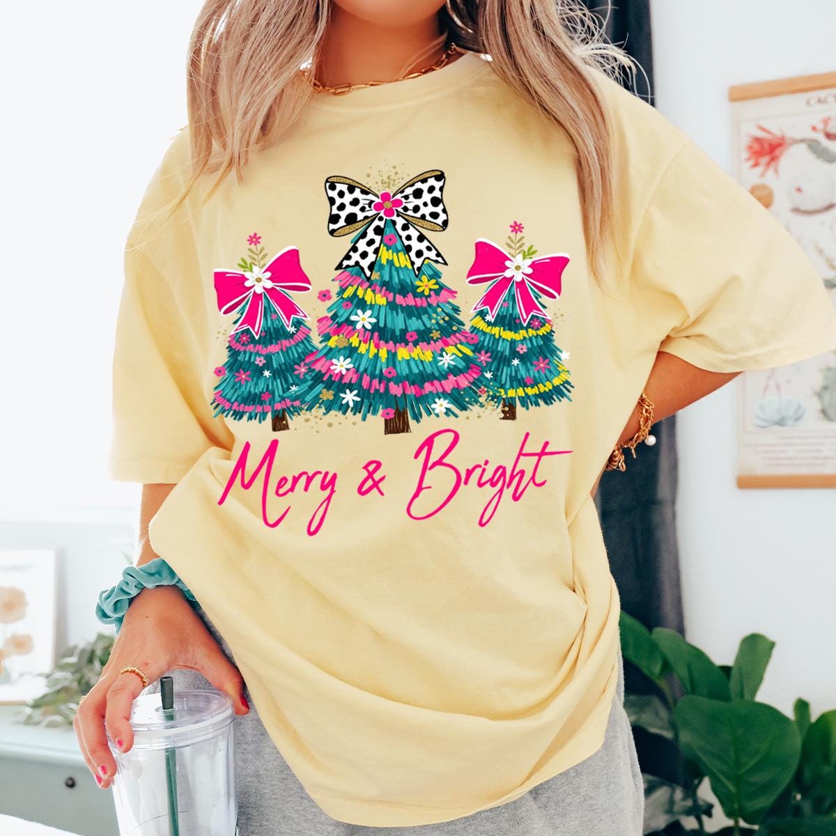 Christmas Comfort Colors® Shirt, Merry & Bright Xmas Tree Tee, Pink Holiday Festive Bow Lights Tshirt, Merry Christmas Shirt, Cute Jolly Tee
