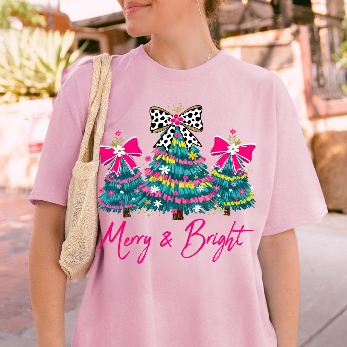 Christmas Comfort Colors® Shirt, Merry & Bright Xmas Tree Tee, Pink Holiday Festive Bow Lights Tshirt, Merry Christmas Shirt, Cute Jolly Tee