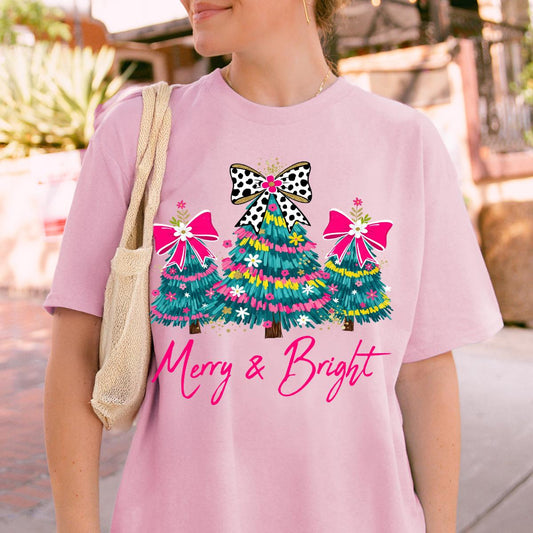 Christmas Comfort Colors® Shirt, Merry & Bright Xmas Tree Tee, Pink Holiday Festive Bow Lights Tshirt, Merry Christmas Shirt, Cute Jolly Tee