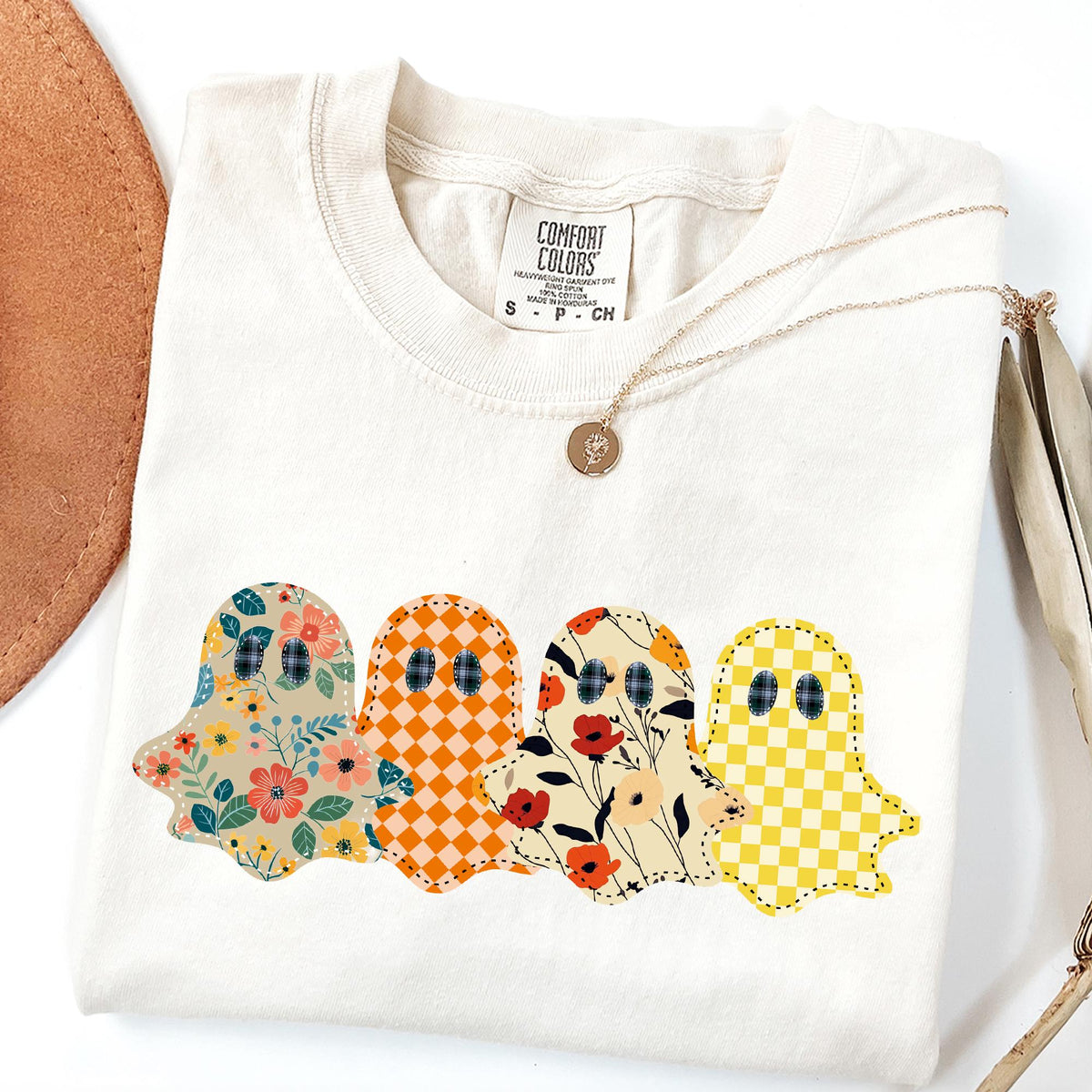 Spooky Season Ghost Shirt, Floral Patchwork Style Print Tee, Preppy Fall Pumpkin Shirt, Comfort Colors® Spooky Tee, Ghost Halloween T-Shirts