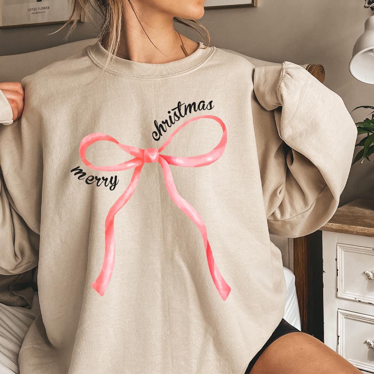 Red Bow Coquette Christmas Sweater, Merry Christmas Bow Sweatshirt, Holiday Bow Sweater Gifts, Merry Christmas Coquette Sweater for Holidays