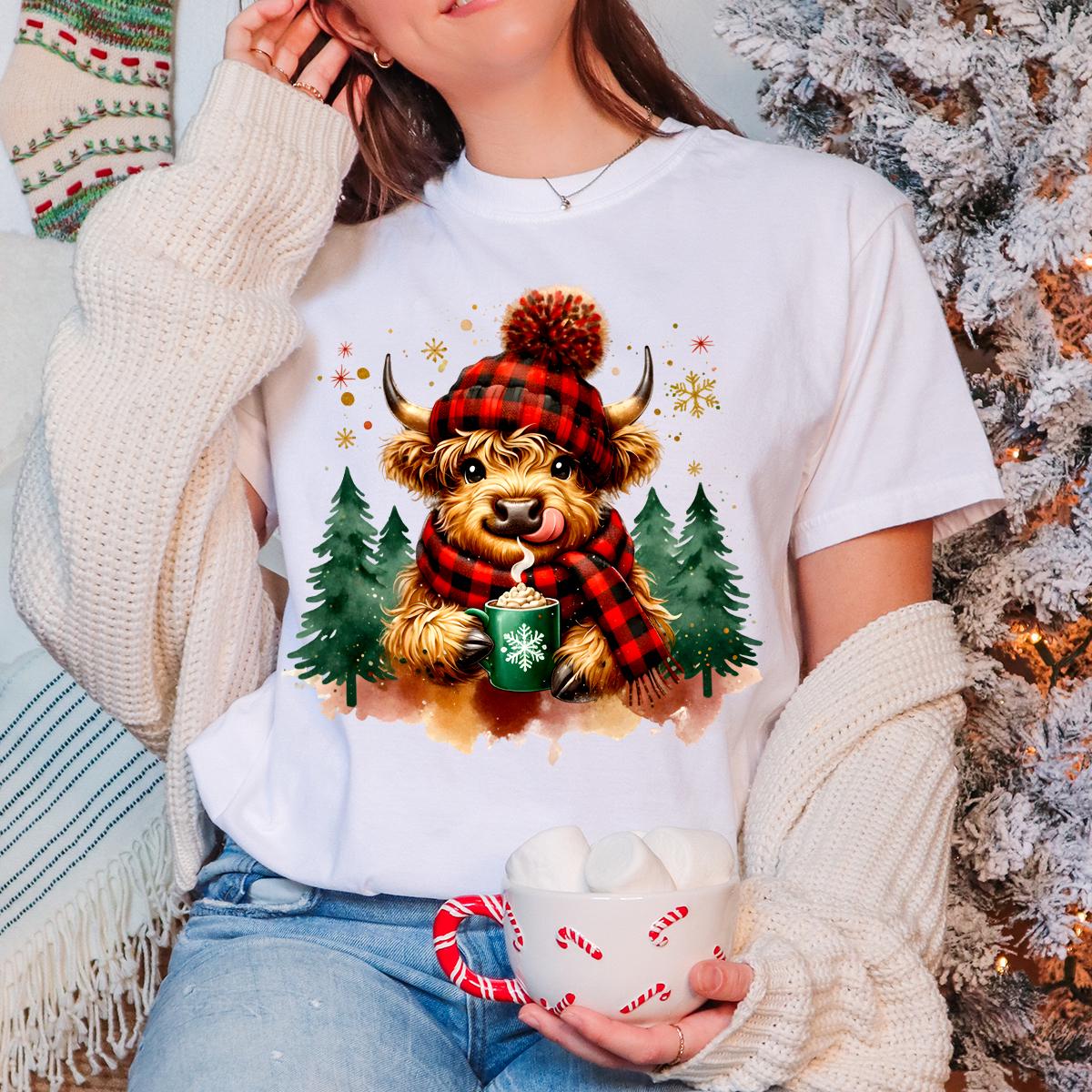 Cute Highland Cow Christmas Tree Shirt, Hot Cocoa Cozy Winter Fluffy Cow Xmas Holiday Shirts, Trendy Highland Cow Xmas Sweatshirt, Funny Cow