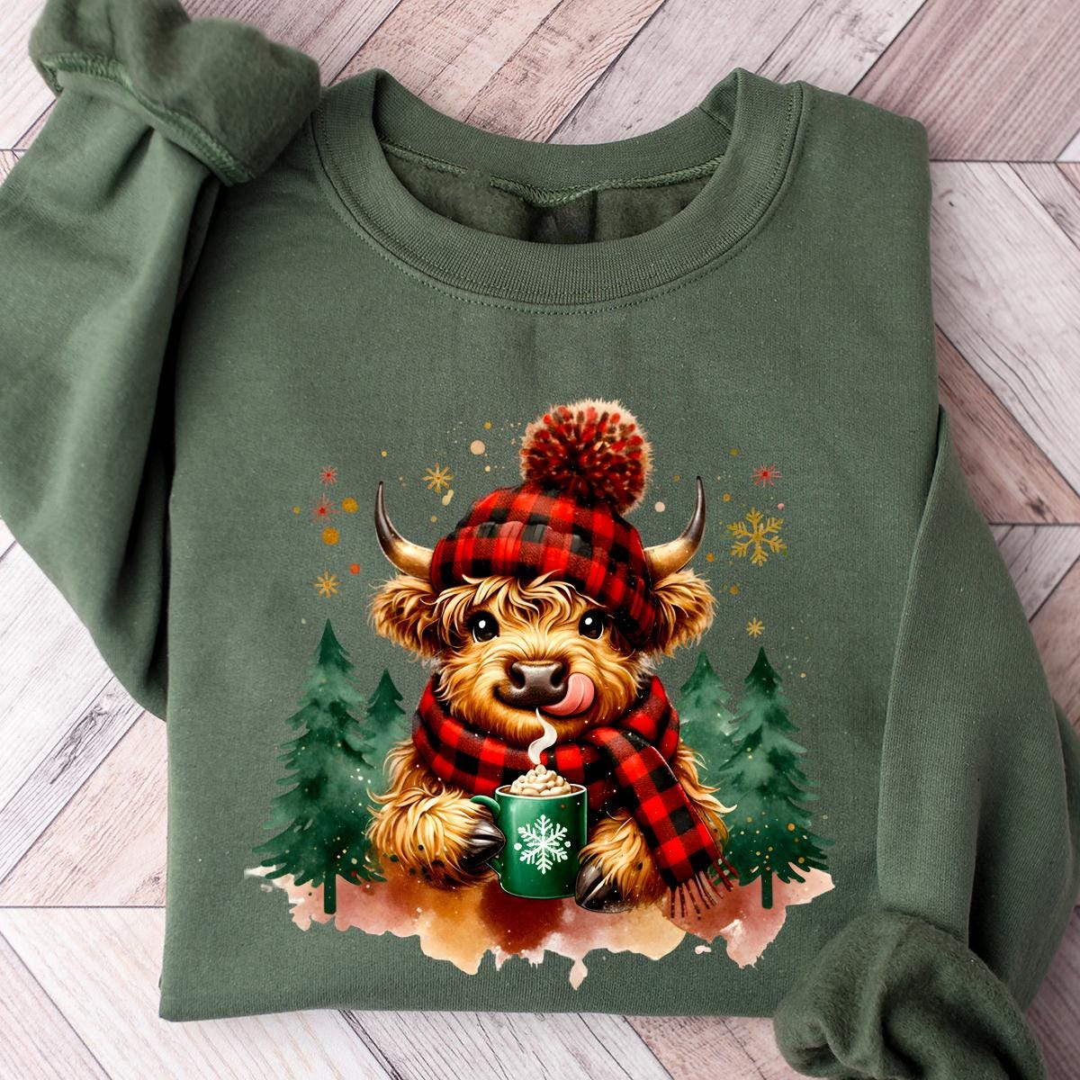 Cute Highland Cow Christmas Tree Shirt, Hot Cocoa Cozy Winter Fluffy Cow Xmas Holiday Shirts, Trendy Highland Cow Xmas Sweatshirt, Funny Cow