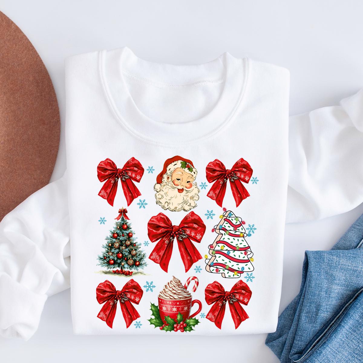 Coquette Bow Sweatshirt, Cute Red Ribbon Santa Sweatshirt, Merry Christmas Bows Sweater, Christmas Gifts, Gift For Women, Christmas T-shirts