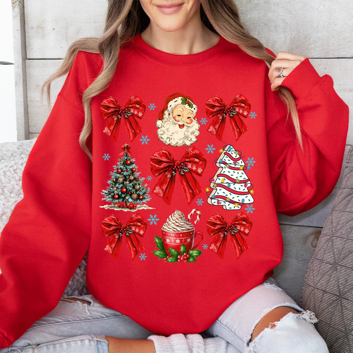 Coquette Bow Sweatshirt, Cute Red Ribbon Santa Sweatshirt, Merry Christmas Bows Sweater, Christmas Gifts, Gift For Women, Christmas T-shirts