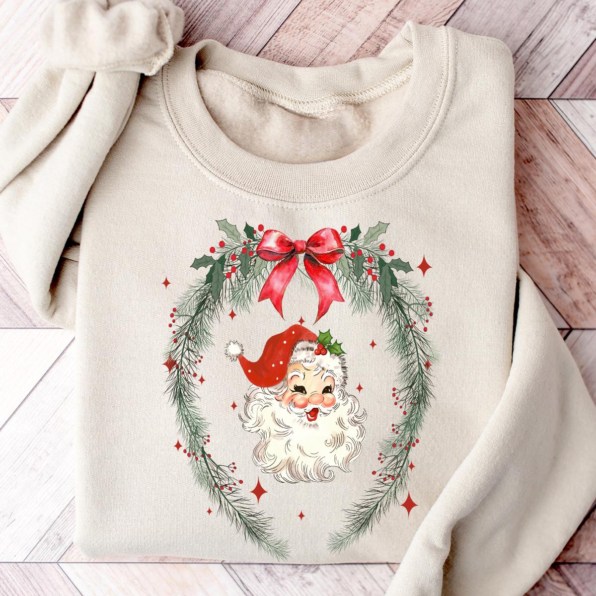 Vintage Santa Claus Sweatshirt, Christmas Coquette Bow Garland Tee, Christmas Santa Crewneck, Christmas Classic Shirt, Girly Christmas Gifts