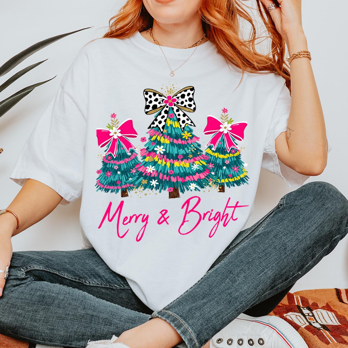 Christmas Comfort Colors® Shirt, Merry & Bright Xmas Tree Tee, Pink Holiday Festive Bow Lights Tshirt, Merry Christmas Shirt, Cute Jolly Tee