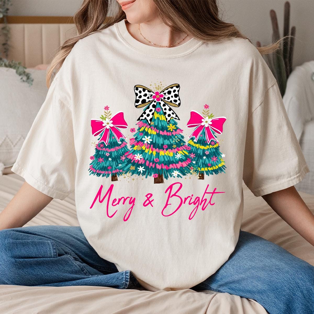 Christmas Comfort Colors® Shirt, Merry & Bright Xmas Tree Tee, Pink Holiday Festive Bow Lights Tshirt, Merry Christmas Shirt, Cute Jolly Tee