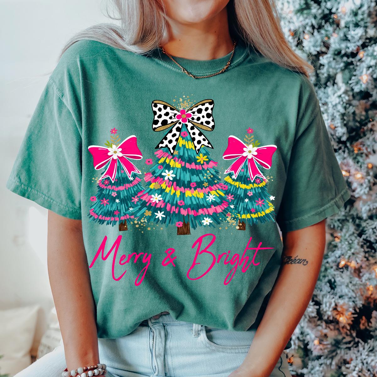 Christmas Comfort Colors® Shirt, Merry & Bright Xmas Tree Tee, Pink Holiday Festive Bow Lights Tshirt, Merry Christmas Shirt, Cute Jolly Tee