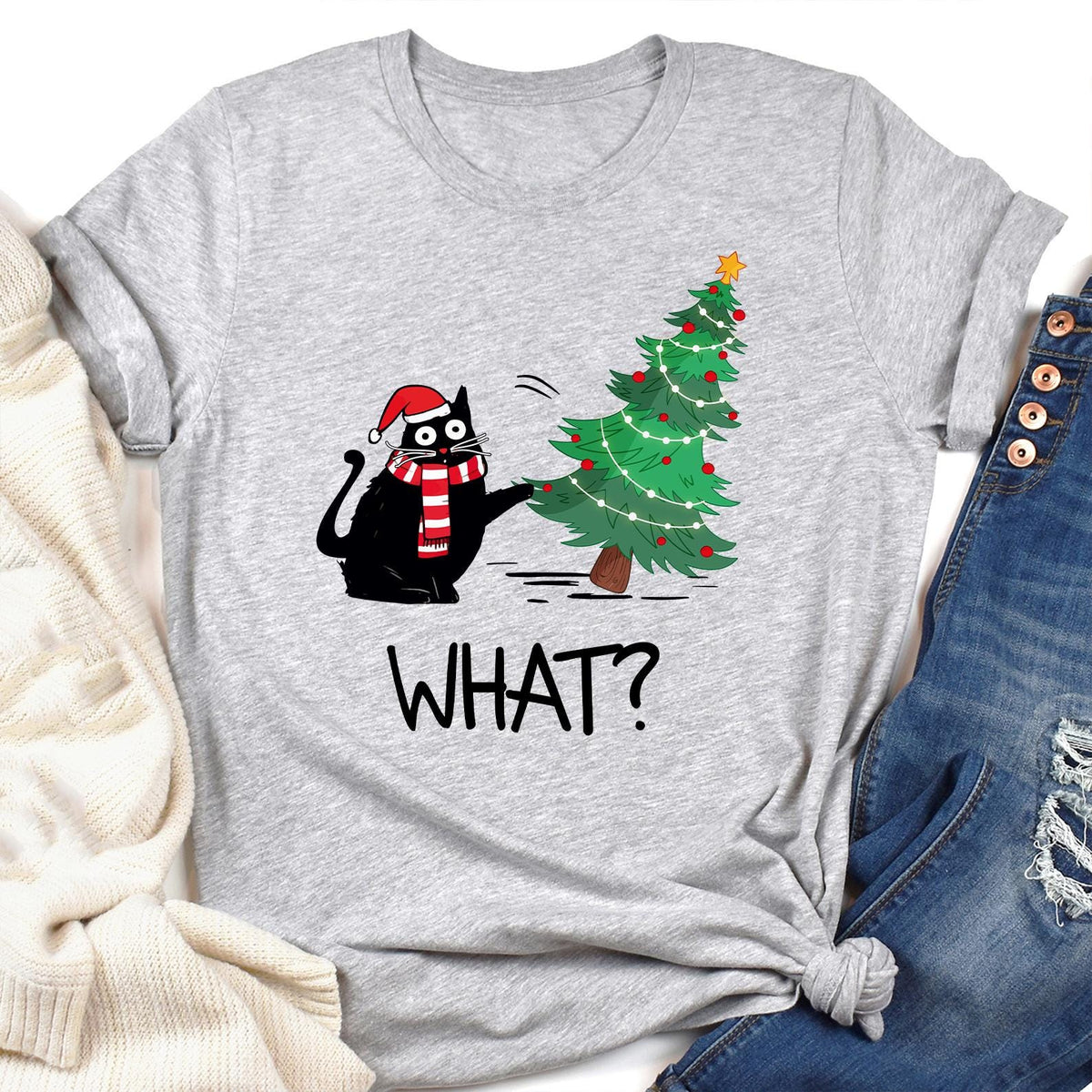 Funny Cat Christmas Shirt What? Christmas Tree Knocked Over Tee, Cute Holiday Cat Lover T-Shirt, Humorous Xmas Gift for Pet Owners, Cat Gift