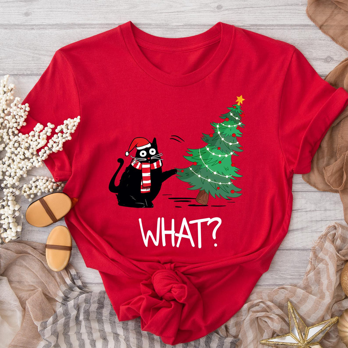 Funny Cat Christmas Shirt What? Christmas Tree Knocked Over Tee, Cute Holiday Cat Lover T-Shirt, Humorous Xmas Gift for Pet Owners, Cat Gift