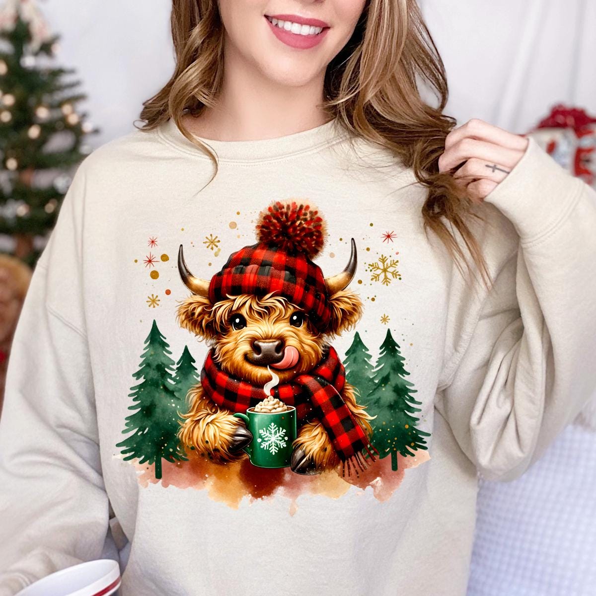 Cute Highland Cow Christmas Tree Shirt, Hot Cocoa Cozy Winter Fluffy Cow Xmas Holiday Shirts, Trendy Highland Cow Xmas Sweatshirt, Funny Cow