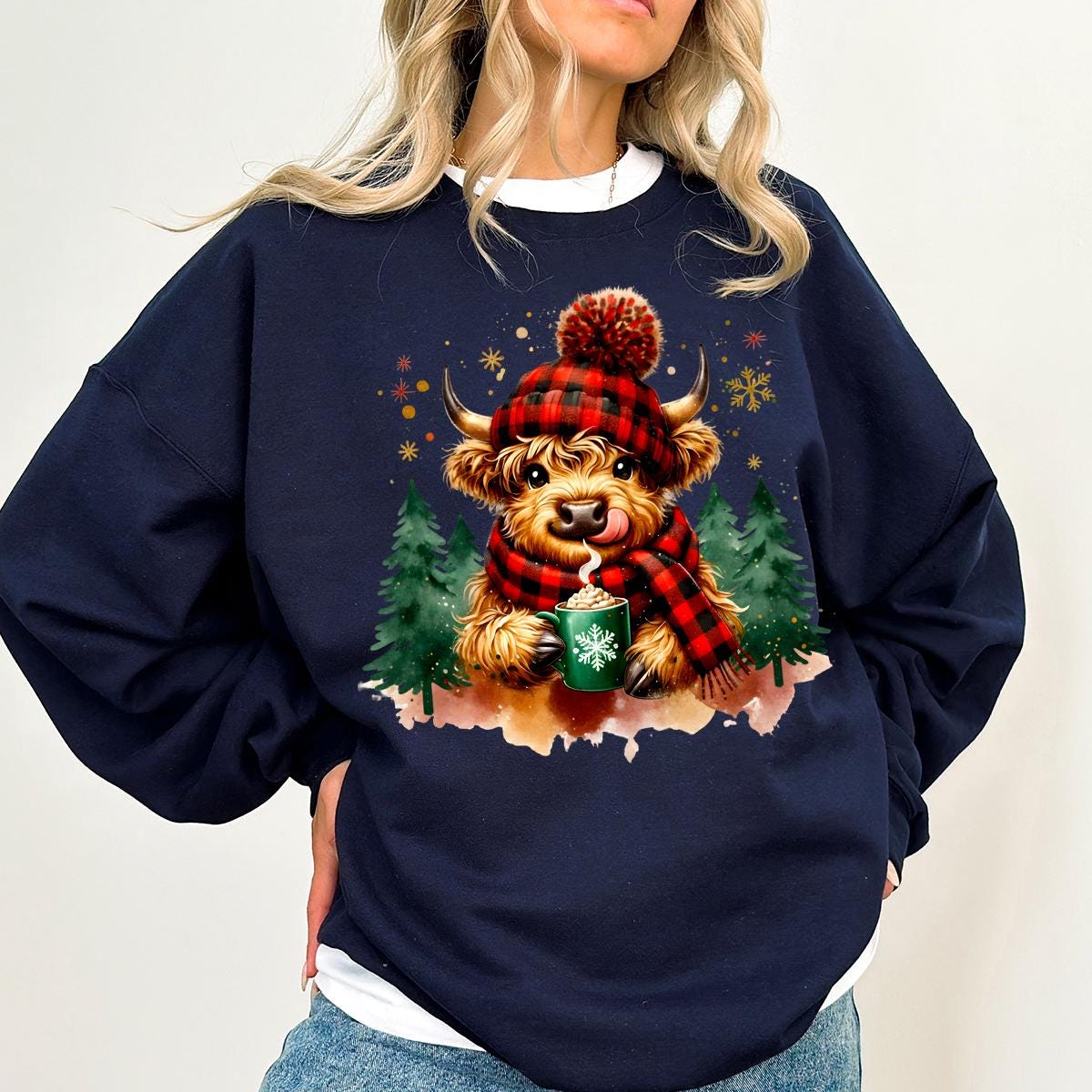 Cute Highland Cow Christmas Tree Shirt, Hot Cocoa Cozy Winter Fluffy Cow Xmas Holiday Shirts, Trendy Highland Cow Xmas Sweatshirt, Funny Cow