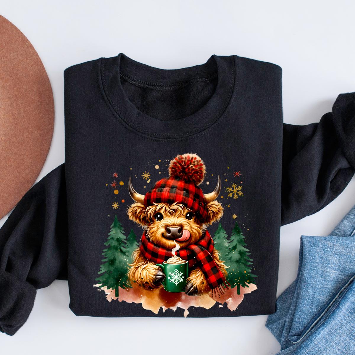Cute Highland Cow Christmas Tree Shirt, Hot Cocoa Cozy Winter Fluffy Cow Xmas Holiday Shirts, Trendy Highland Cow Xmas Sweatshirt, Funny Cow