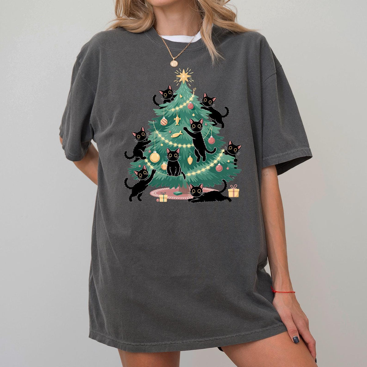Comfort Colors® Christmas Tree And Cat T-Shirt, Cute Christmas Shirt, Cat Owner Christmas Gift, Christmas Tree Shirt, Cat Lover Xmas T-shirt
