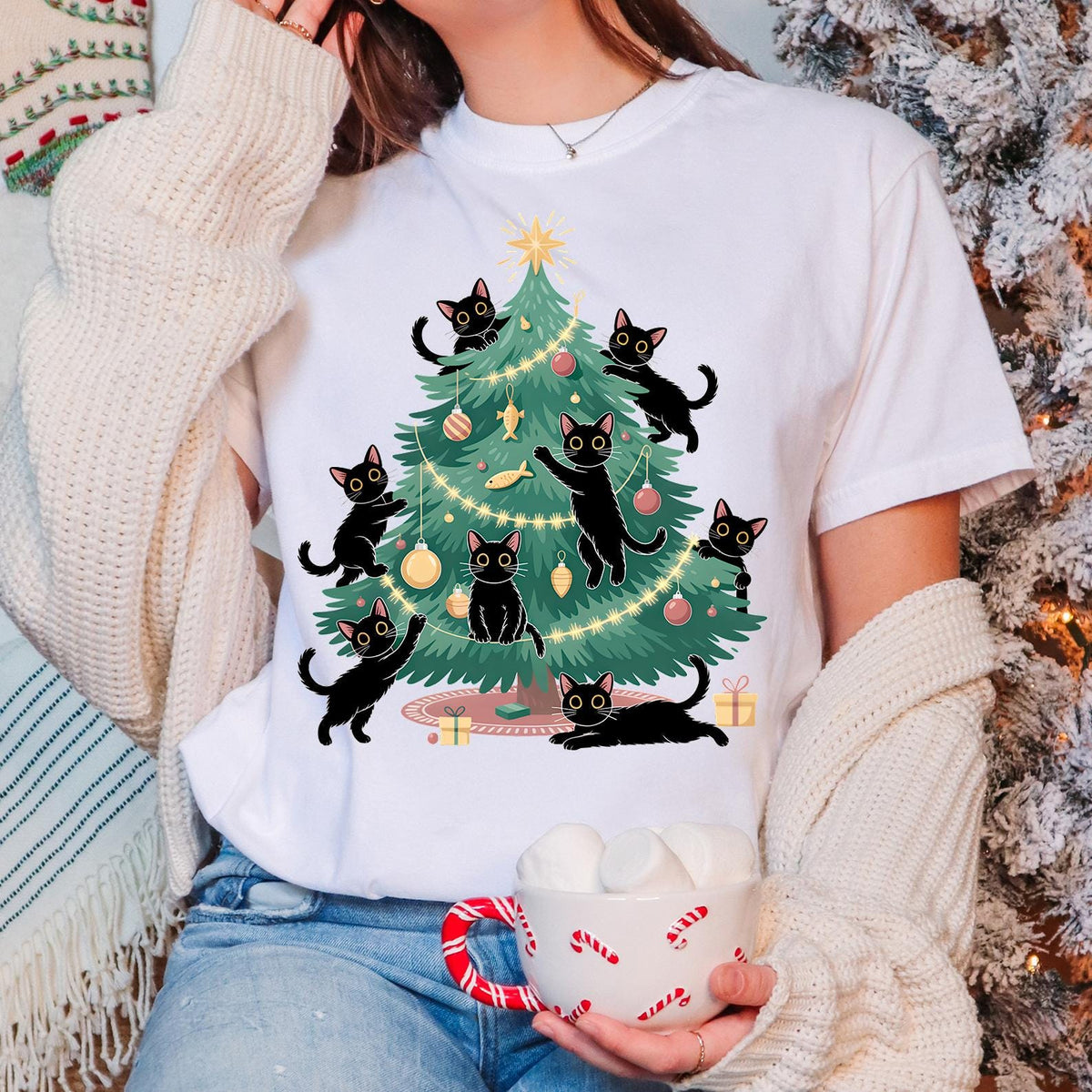 Comfort Colors® Christmas Tree And Cat T-Shirt, Cute Christmas Shirt, Cat Owner Christmas Gift, Christmas Tree Shirt, Cat Lover Xmas T-shirt
