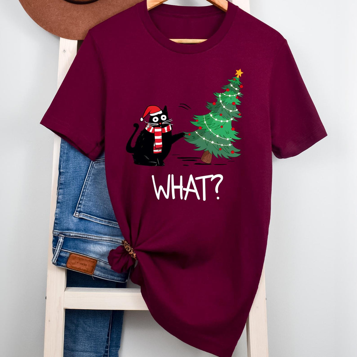 Funny Cat Christmas Shirt What? Christmas Tree Knocked Over Tee, Cute Holiday Cat Lover T-Shirt, Humorous Xmas Gift for Pet Owners, Cat Gift