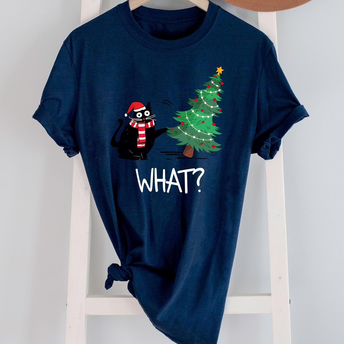 Funny Cat Christmas Shirt What? Christmas Tree Knocked Over Tee, Cute Holiday Cat Lover T-Shirt, Humorous Xmas Gift for Pet Owners, Cat Gift