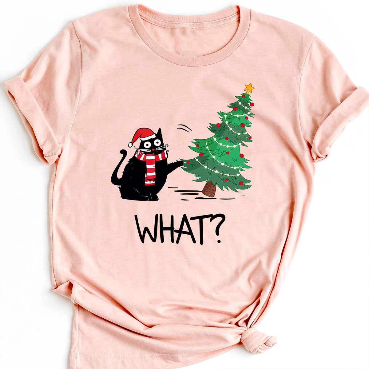 Funny Cat Christmas Shirt What? Christmas Tree Knocked Over Tee, Cute Holiday Cat Lover T-Shirt, Humorous Xmas Gift for Pet Owners, Cat Gift
